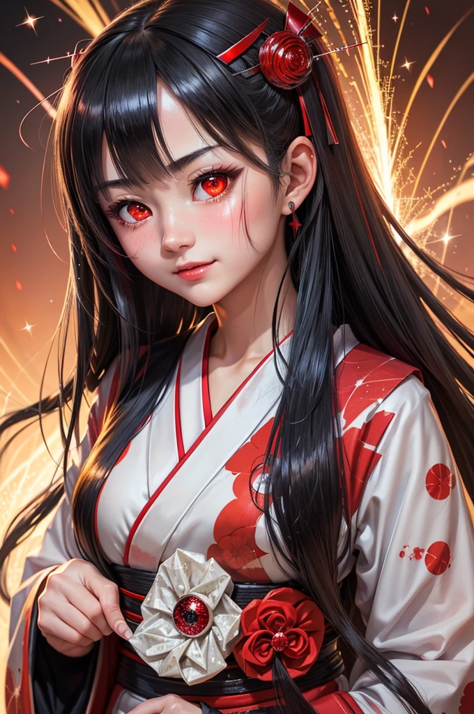 A masterpiece of the highest quality, AkagiV5, 1 girl, One, black hair, japanese clothing, kimono, long hair, I look at the viewer, ((Red eyes)), smile, sparkling eyes, hands on your own face, blood on the face, ((blood swirl)), (yandere:1.4), (sparkling eyes:1.4), Crazy eyes