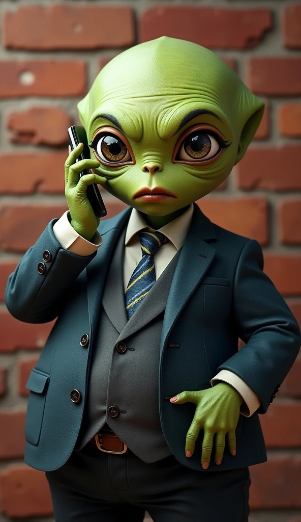 alien creating, idea, very detailed, alien talking on the cell phone, details, background with a brick wall, humanoid creating an idea, alien in a suit, alien having an idea, full body, very colorful, realistic, with details, seen from the front , very colorful, real look, animated, having an idea, clear image, Brazilian alien, fat alien, detailed eyes, holding a screwdriver, worried, intense look, intense image, striking colors, digital art, realistic style, very detailed , positive colors,