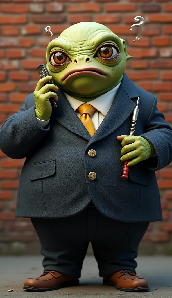 alien creating, idea, very detailed, alien talking on the cell phone, details, background with a brick wall, humanoid creating an idea, alien in a suit, alien having an idea, full body, very colorful, realistic, with details, seen from the front , very colorful, real look, animated, having an idea, clear image, Brazilian alien, fat alien, detailed eyes, holding a screwdriver, worried, intense look, intense image, striking colors, digital art, realistic style, very detailed , positive colors,
