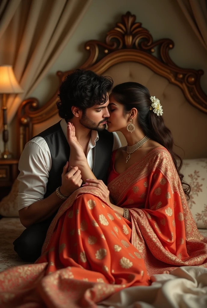 Guy kissing a fair beatiful feet arched sole of a girl wearing saree on bef