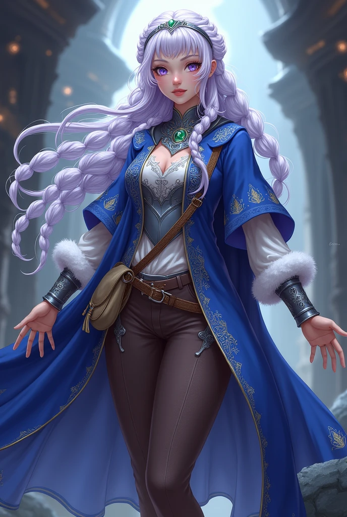 Lavender eyes. Magician Woman, with long braided white hair.  Blue cape decorated with silver embroidery. White blouse, silver breastplate and brown trousers as well as fur-trimmed boots. Silver collar with emerald and silver headband with emerald Brown belt with cream colored bag Manga style