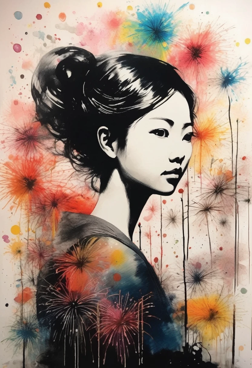 Painting of a beautiful girl looking up at fireworks、Large-flowered fireworks、Filled with love for fireworks、愛情deep、chaos、Disharmony、(Ink drawing on Japanese paper, Bleeding easily)、(絵本のようなContemporary Art) ,Dark Side Artistic、Contemporary Art、(Transparent watercolor) (Light itself is reality) (Soft layer,Colorful colors、lots of colors) (shades of paint dissolved thinly with water) (deep, Delicate colors) paint (draw) In black and white:1.4、Masterpiece、Highest quality、