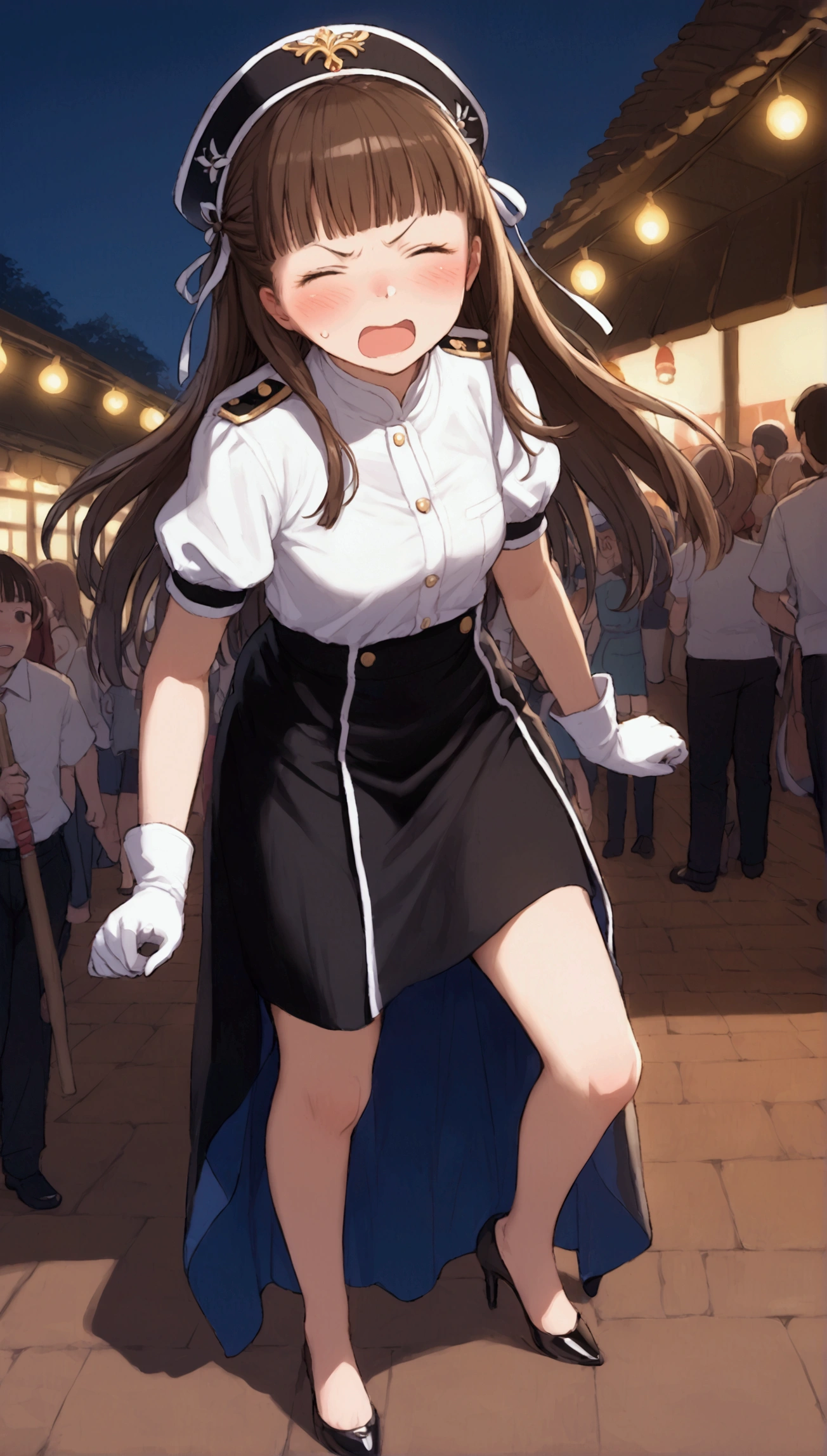 {Highest quality}, {so beautiful},{Ultra-fine},{Best illustrations},Brown Hair,Hime cut,Long Hair,Braiding,One Woman,Standing woman,Strike a Pose,Adult female,Angry face,Open your mouth,Uniform Cap,White shirt,Short sleeve,long black skirt,White gloves,Night Festival,blush,thin,Black high heels,barefoot,From an angle,From below,Woman with legs closed,