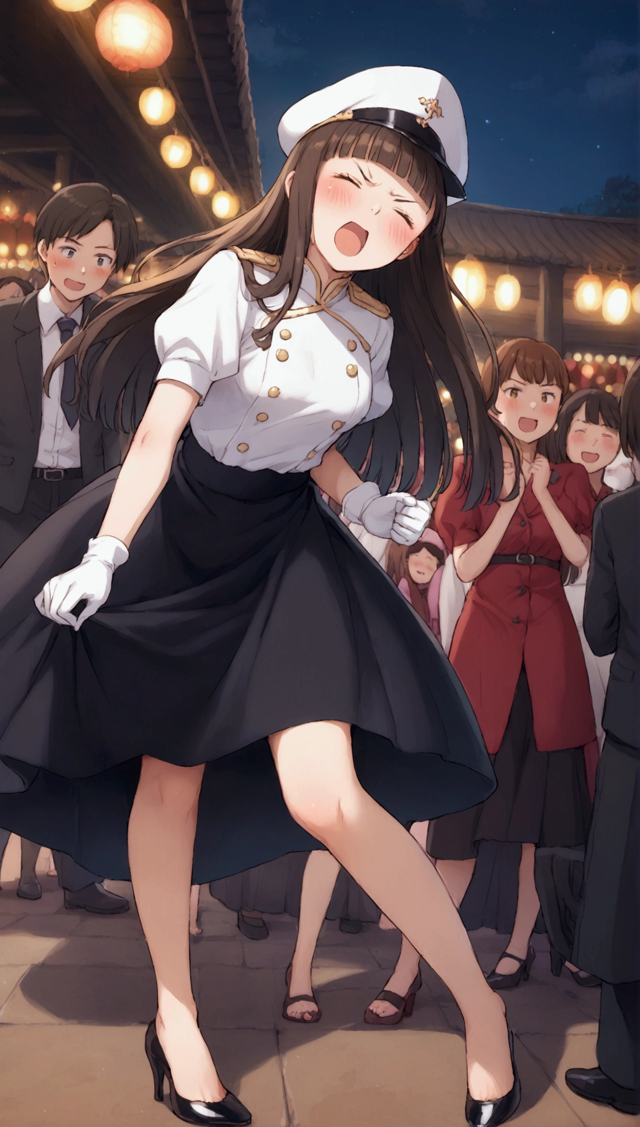 {Highest quality}, {so beautiful},{Ultra-fine},{Best illustrations},Brown Hair,Hime cut,Long Hair,Braiding,One Woman,Standing woman,Strike a Pose,Adult female,Angry face,Open your mouth,Uniform Cap,White shirt,Short sleeve,long black skirt,White gloves,Night Festival,blush,thin,Black high heels,barefoot,From an angle,From below,Woman with legs closed,