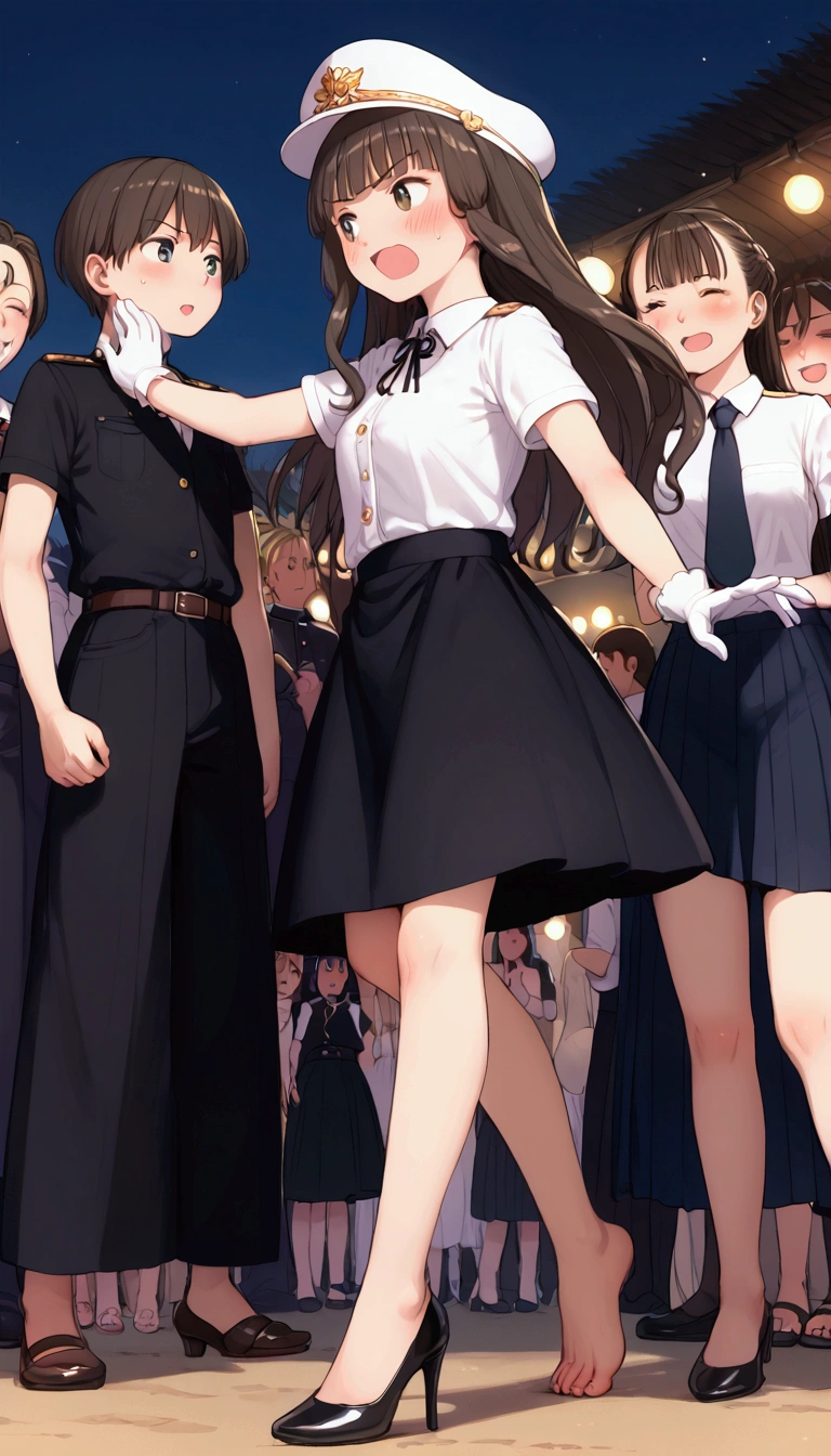 {Highest quality}, {so beautiful},{Ultra-fine},{Best illustrations},Brown Hair,Hime cut,Long Hair,Braiding,One Woman,Standing woman,Strike a Pose,Adult female,Angry face,Open your mouth,Uniform Cap,White shirt,Short sleeve,long black skirt,White gloves,Night Festival,blush,thin,Black high heels,barefoot,From an angle,From below,Woman with legs closed,