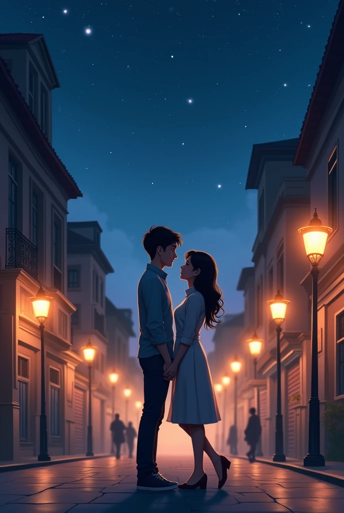 A couple Fahmida and Munim are enjoying a beautiful romantic time on the street under the open sky at night in a city.