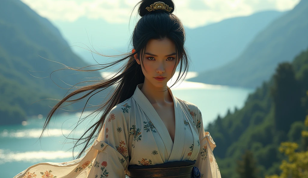 samurai woman, ((artwork, highest quality, Highest image quality, High resolution, photorealistic, RAW photo, 8K)), ((Extremely detailed 8k unified CG wallpaper)), (huge stunning goddess photo, very hot and sexy, jaw-dropping beauty, Perfect proportions, beautiful body, Slim Body Beauty:1.4)