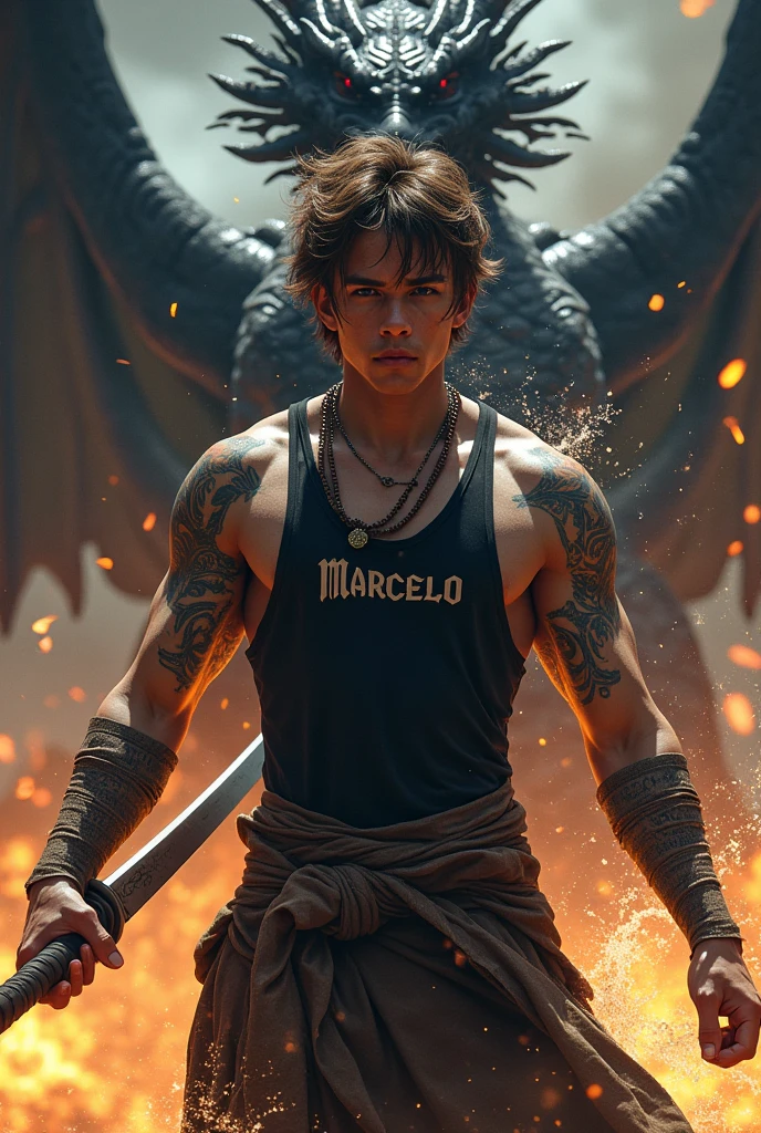 Young indigenous man with light brown hair and a tight black American tank top with tattoos all over his body , with the name Marcelo on the chest , holding a magical black legendary katana , a black magic dragon at his rear , and a burst of water magic and flames around