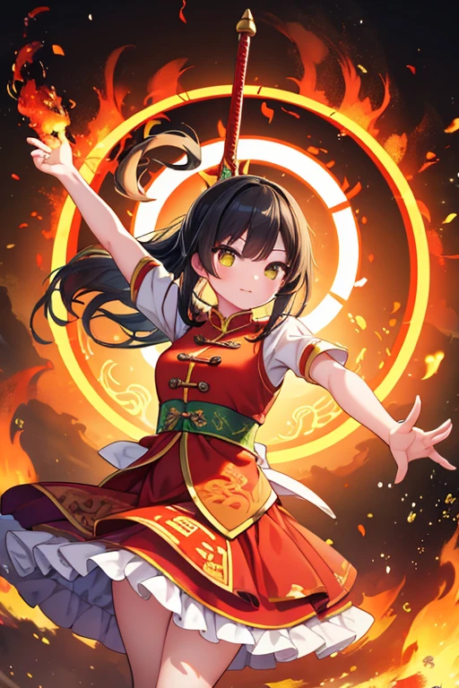 Fisheye lens with flames in the background, Chinese girl dancing with sword, Dressed in Tang dynasty costume, people, Upward light, Ray Tracing, Edge Light, Glow effect, Exaggerated behavior, Exaggerated perspective, orange, green, Realistic ultra-fine rendering style, Super Detail, Blender, Octane Ring