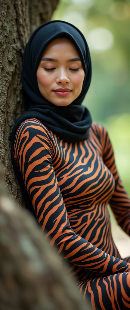 The most beautiful,thin,most pretty and clever Asian muslimah adult girl wears plains zebra lycra turtleneck unitard catsuit covered with stripes.She always wear plains zebra print lycra dancewear stretchy hijab covered with many stripes.She is sitting on the big rock and eats roasted chicken.