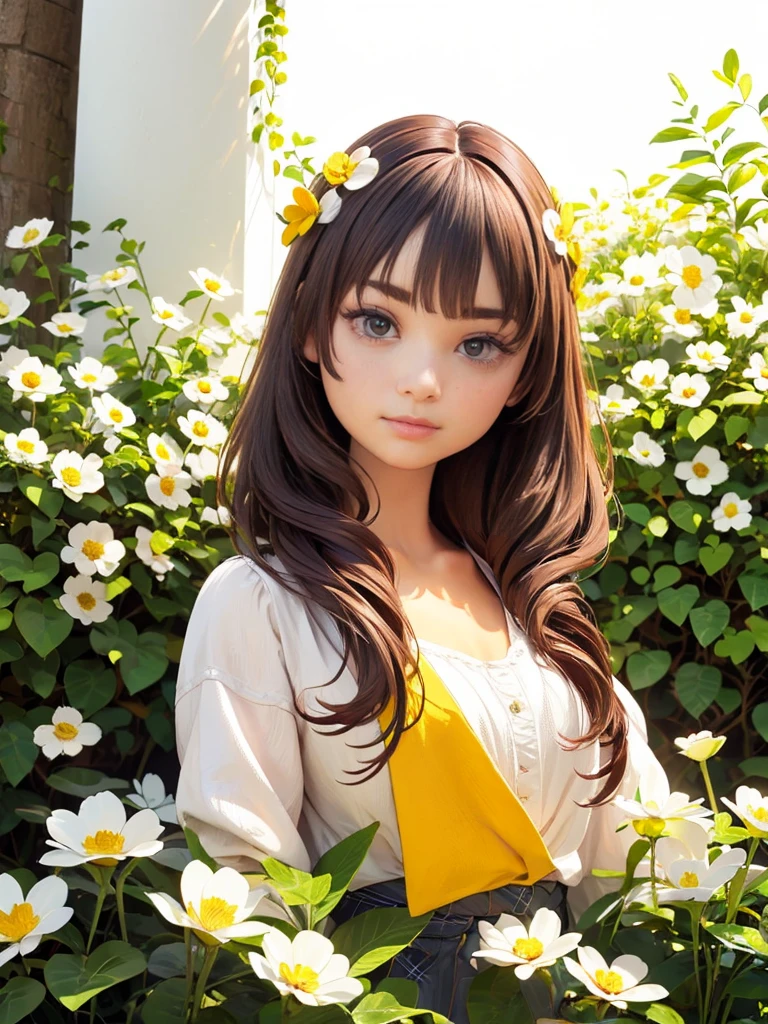 Yellow and white flowers, woman with flowers in her hair, Dark Hair, Organic and natural composition, Flower Field