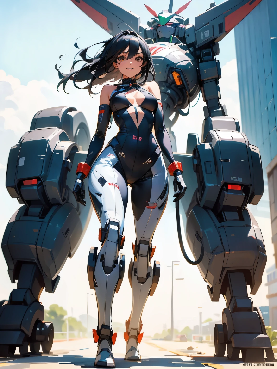 Very beautiful girl, 1, Revealing outfits, Black bikini-style racing suit, High Leg Micro, Very beautiful breasts, View here, Be enthusiastic, Walking towards the camera, Grin, Standing in front of a bipedal robot