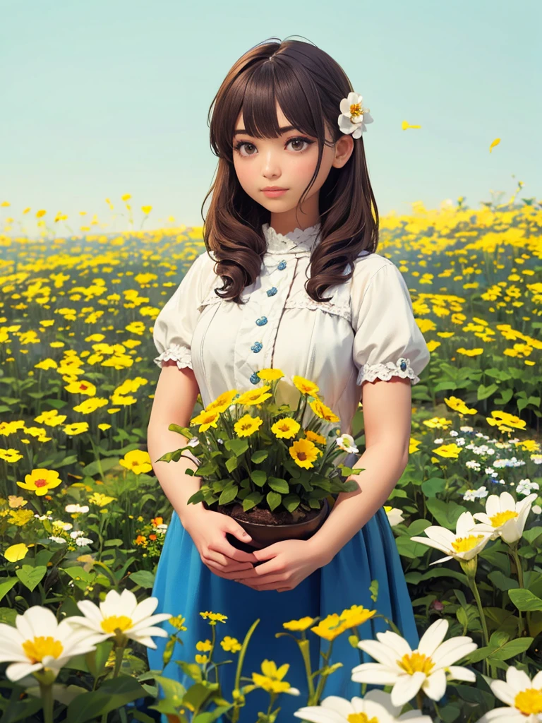 Yellow and white flowers, woman with flowers in her hair, Dark Hair, Organic and natural composition, Flower Field