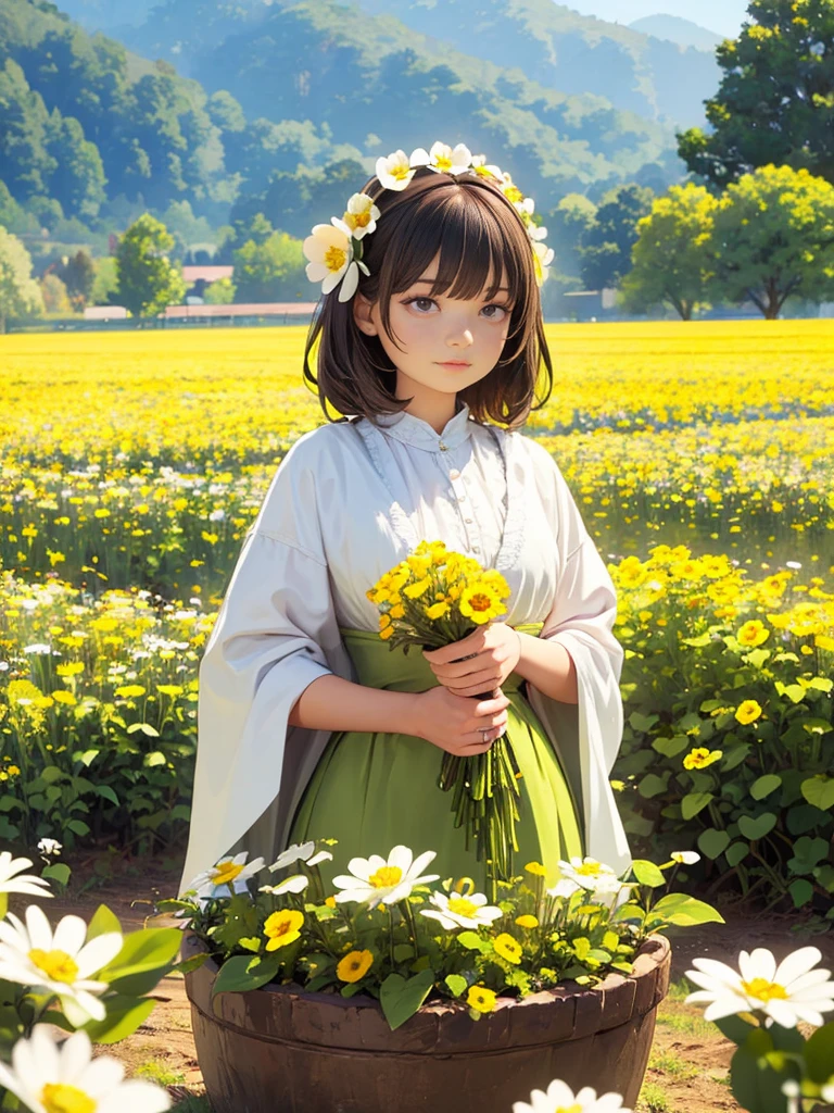 Yellow and white flowers, woman with flowers in her hair, Dark Hair, Organic and natural composition, Flower Field