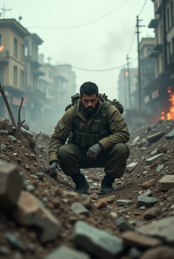 Medium shot of croucher soldier in debris. Make it wide and more debris. Front view and let there be pile of debris in front of him so that only his upper body shown. Let us include distant explosions and smokes besides him. Now, let us go to over the shoulder view from his behind and show his partners sallihoute