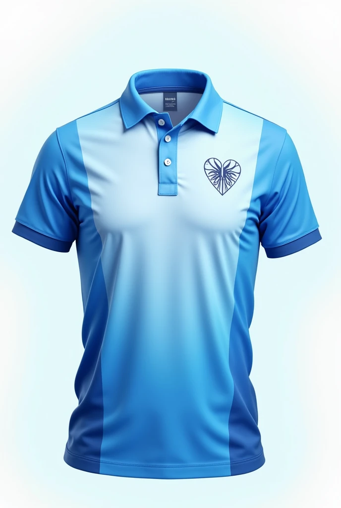 Create a mockup organization color gradient blue polo shirt and design it with a heart in the middle of the shirt. And the back of the shirt should be design of lungs. The design should be just drawn in minimalist and ink color of design should be dark color of blue. And the both side of shirt should be blue gradient color. show the front and back of shirt
