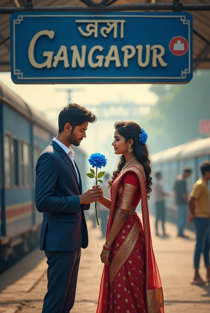 A boy which name is Aditya proposed a Bengali girl with blue rose which name is Payal at railway station the name of railway station is Gangapur written in Hindi and Bengali in the board clearly visible