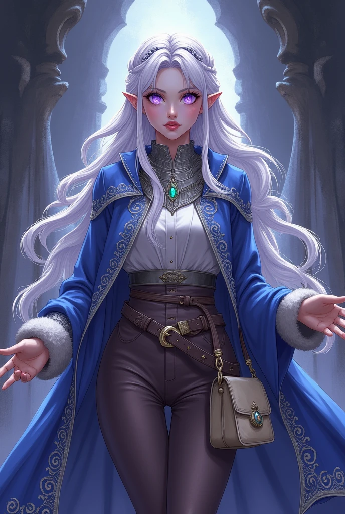 Lavender eyes. Magician Woman, with long braided white hair. Blue cape decorated with silver embroidery. White blouse, silver breastplate and brown trousers as well as fur-trimmed boots. Silver collar with emerald and silver headband with emerald Brown belt with cream colored bag Manga style