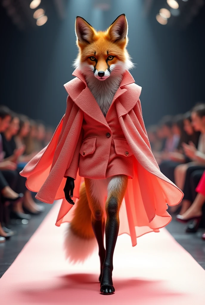 A beautiful fox wearing pink and red cloth walking down the runaway at a fashion show