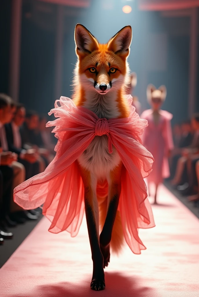 A beautiful fox wearing pink and red cloth walking down the runaway at a fashion show