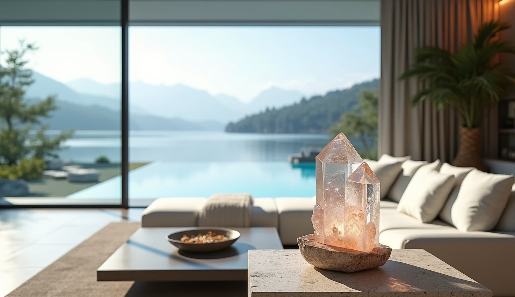 A living room in a modern, minimalist home, tons branco, view of a lake and infinity pool, on top of a table is a quartz crystal, photography realistic, summer
