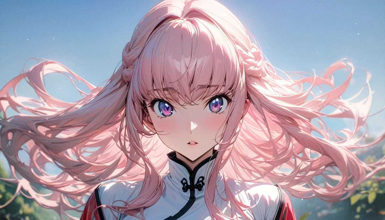 One person, adult, woman, Ultra-high resolution, 超detailed, Highest quality, 8k,((Highest quality)), ((masterpiece)), (detailed)，Face direction(front)，Hair Color(Bright white and pink，delicate hair texture), Hairstyle(Soft and fluffy， ), background(blue sky，morning)，eye(きれいなeye元), clothing(Chinese clothing)，expression(Exquisite features depicting a perfect face)，Body Type(model，Naturally beautiful, Glamour)，Perfect hands，完璧なwoman像, Dramatic Shadows，cuteポーズ，Anime characters, Code Geass,posture(cute)