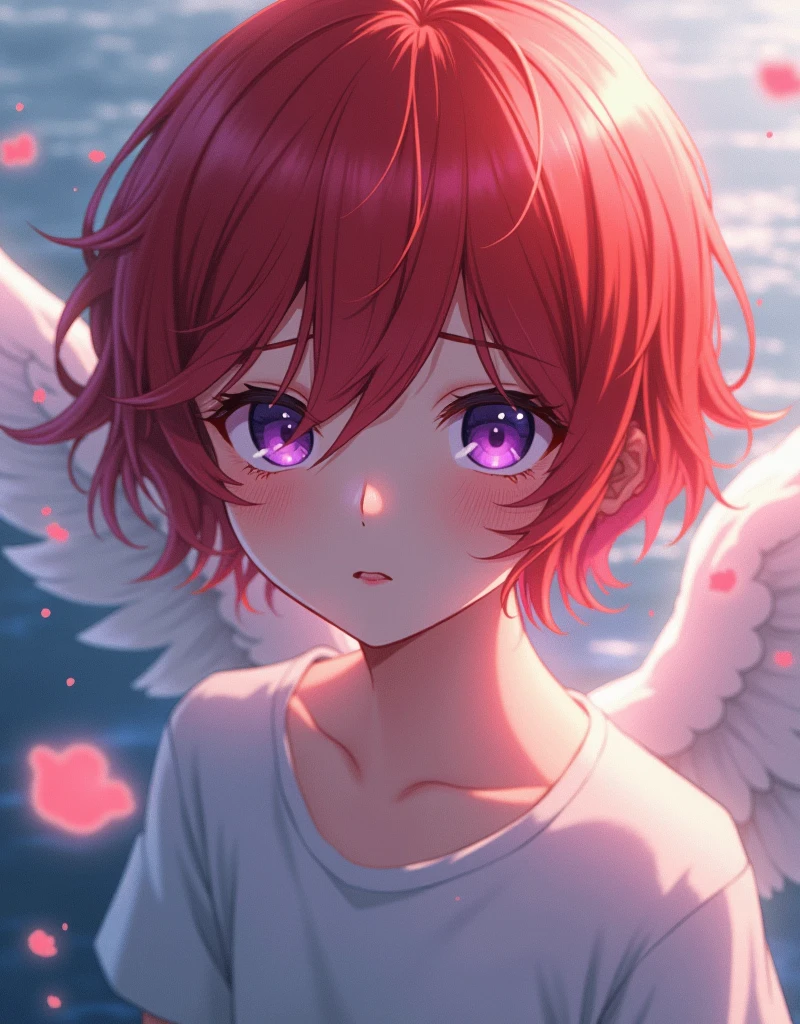 Red-haired angel boy with purple eyes aesthetic, makoto shinkai!, makoto shinkai!!, makoto shinkai. —h 2160, ( ( makoto shinkai ) ), style of makoto shinkai, water dripping off him, makoto shinkai art style, clean detailed anime art, makoto shinkai style