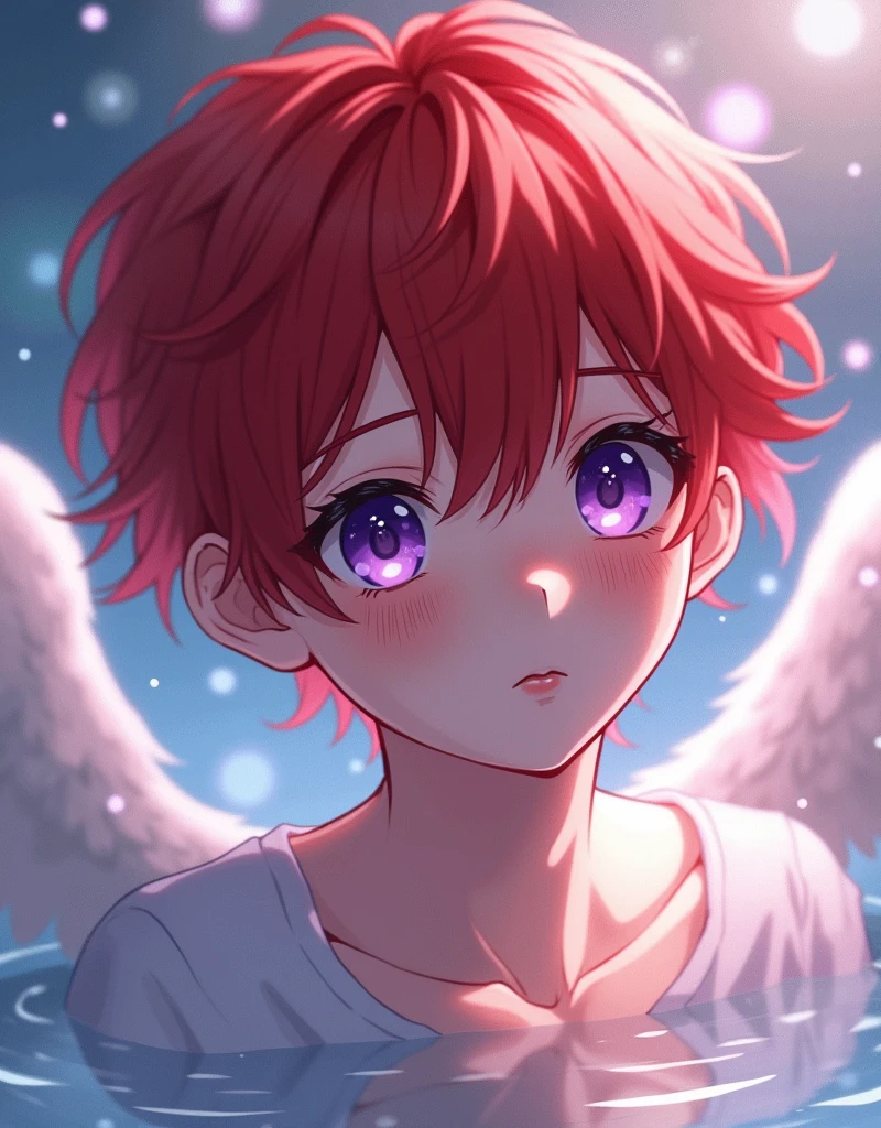 Red-haired angel boy with purple eyes aesthetic, makoto shinkai!, makoto shinkai!!, makoto shinkai. —h 2160, ( ( makoto shinkai ) ), style of makoto shinkai, water dripping off him, makoto shinkai art style, clean detailed anime art, makoto shinkai style