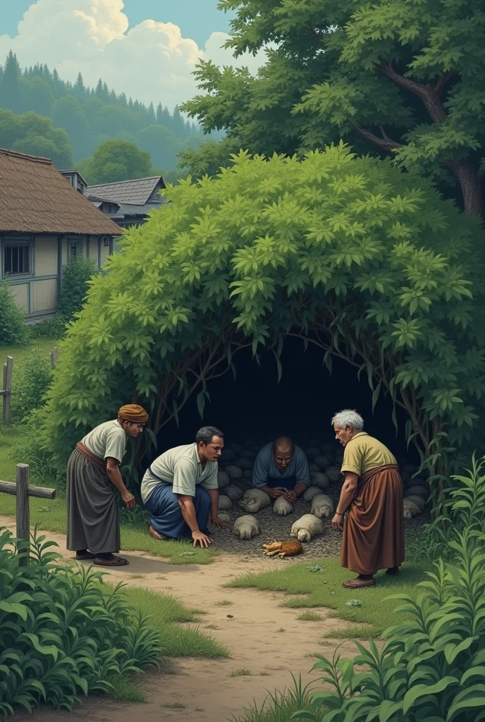 Villagers discovering cats still form beneath the bush with sadness.**