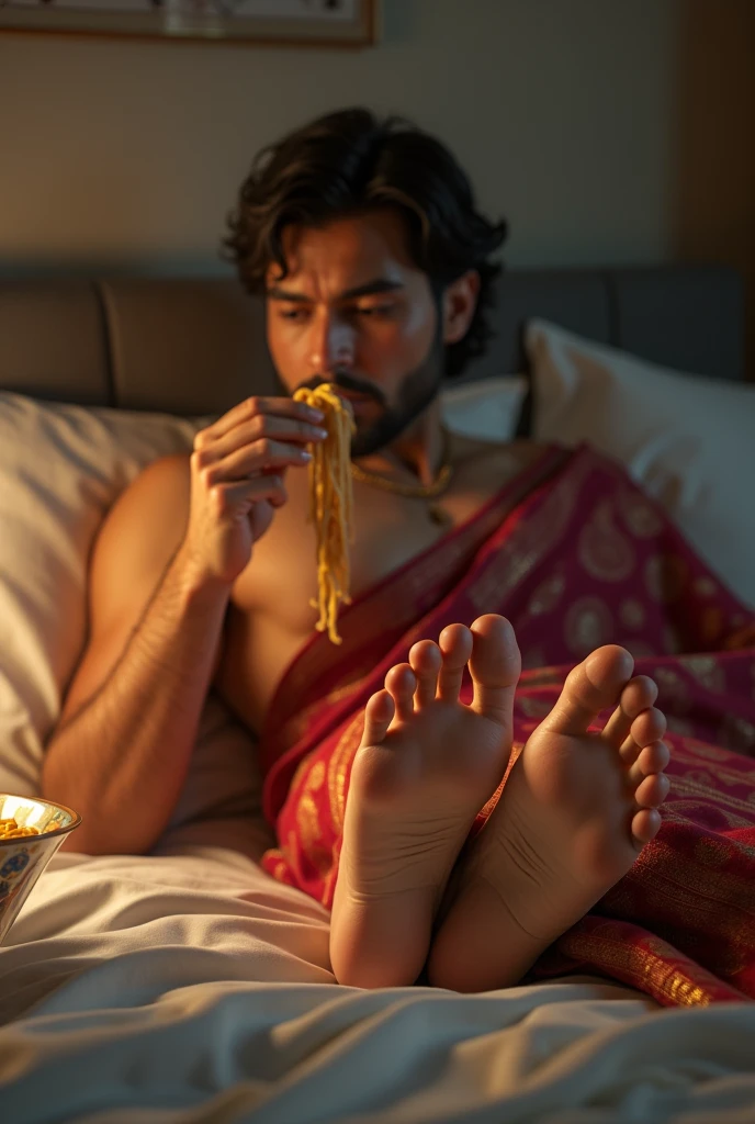 Guy eating noodles from a fair beatiful feet arched sole of a girl wearing saree on bed
