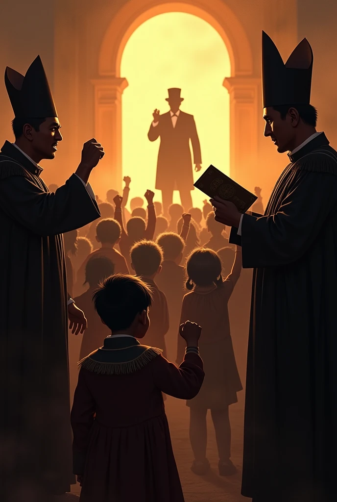 Depict the changes in the Political landscape of the Philippines during Rizal's Time in the 19th Century with his works Noli me Tangere and El Filibusterismo being read by children but opposed by the Catholic Church
Show angry Catholic priests punishing the children for reading Noli Me Tangere and El Filibusterismo
Show Jose Rizal's silhouette from a distance, wearing his iconic three-piece suit, a top hat, as a symbol of the dawn of a new age brought by his writing
show the children raising their fists and the priests frightened by the children. The priests are wearing their bishop hat, Rizal wearing his top hat