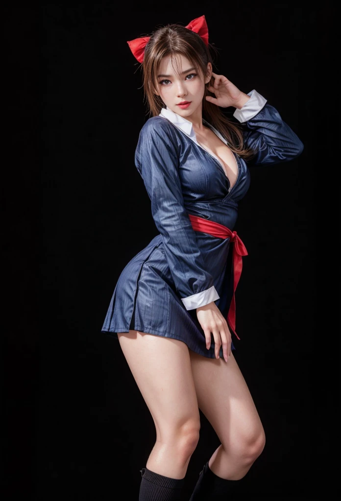 Mai Shiranui, (best qualityer,ultra details),(realisitic:1.37), beautiful and detailed face, ultra-realisitic texture, Exquisite face, athletic body, bright coloured. High definition, 8k, wearing red lipstick, rosy cheeks. Naked