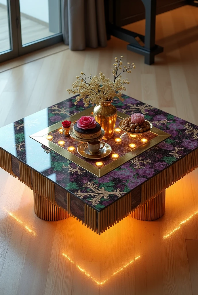 Small square table, perfect for serving coffee, handcrafted with a two-way mirror glass top that creates a stunning visual effect that looks like the inside of a table as a decoration accessory. The table is completely covered with a layer of Decostucco material in shades of violet, purple and warm green, interspersed with shiny gold stripes that intertwine like veins and lines in a wonderfully artistic way, giving a sense of luxury and distinction.. The sides are completely covered with Decostucco material without any visible gaps..
The table is supported by four unique legs, inspired by the design of intricate golden columns.. These legs are made of finely crafted gold tubes, resembling gold waterfalls as they cascade harmoniously around the corners.. Each leg of the table features several gold tubes stacked neatly next to each other, creating a visual effect that suggests luxury and stability.. These legs are designed to not only support the table but also be an essential part of the art they reflect..
The table has warm gold LED lighting underneath, reflecting onto the floor and adding a warm and cozy atmosphere..

The table is decorated with simple decorations such as golden swags, small flowers, a cake, nuts, a red rose, and a tea cup.. The table is placed on a light-coloured wooden floor to enhance the contrast between the luxurious design and modern colours, making it a distinctive piece of art in any room or living room..

 