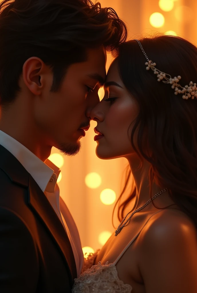 a romantic kiss between two people, detailed facial features, beautiful eyes, long eyelashes, soft lips, tender embrace, passionate expression, cinematic lighting, warm color tones, intricate details, masterpiece, photorealistic, 8k