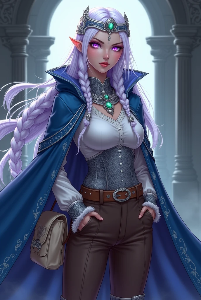 Lavender eyes. Magician Woman, with long braided white hair.  Blue cape decorated with silver embroidery. White blouse, silver breastplate and brown trousers as well as fur-trimmed boots. Silver collar with emerald and silver headband with emerald Brown belt with cream colored bag Manga style