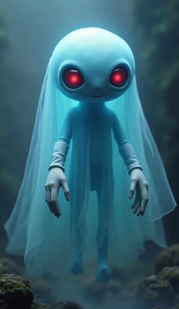Dusclops, A blue alien floating, ele parece um fantasma. He wears white gloves on his hands