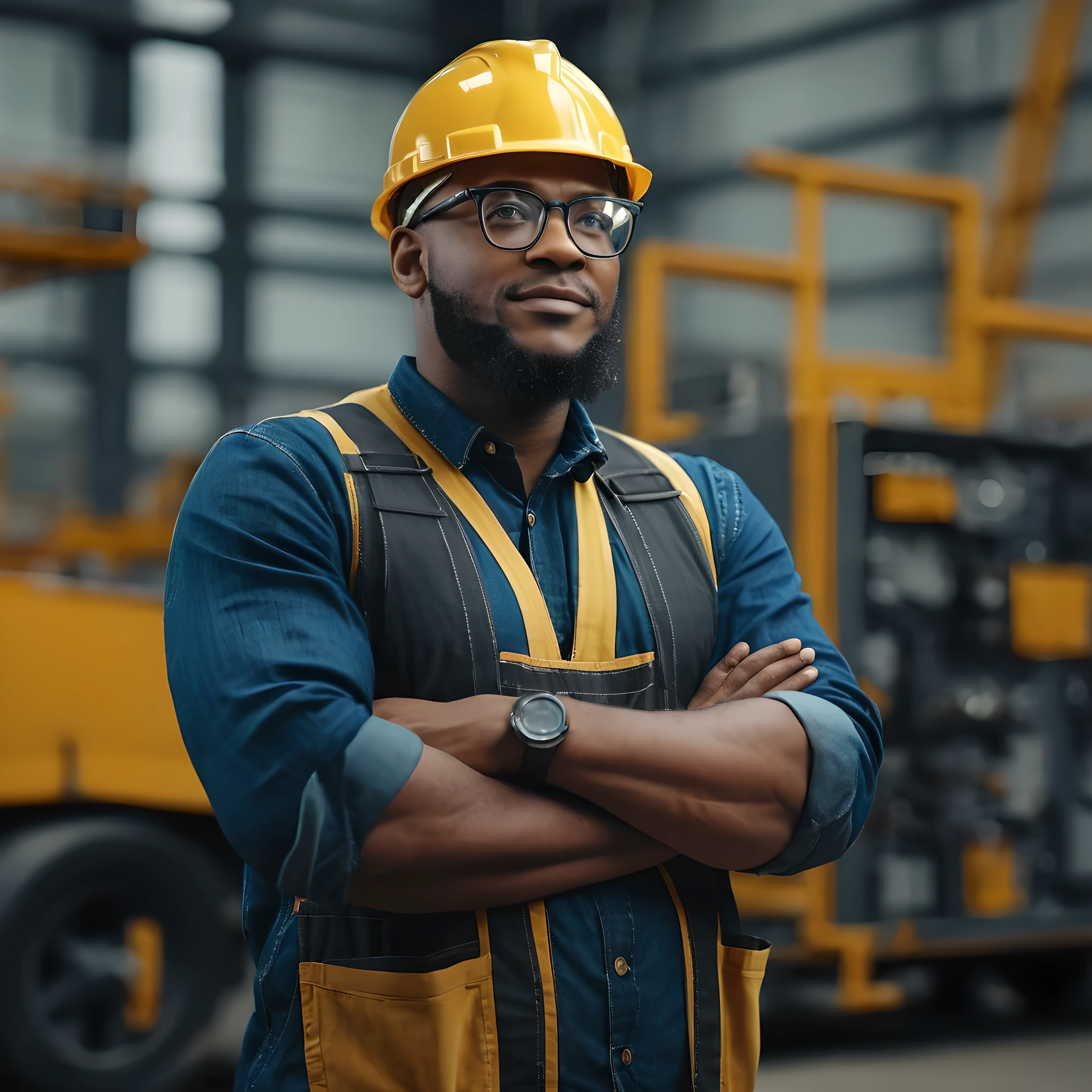 A black engineer wearing glasses looking forward with arms crossed, HD, 4K, highy detailed, real photografic 