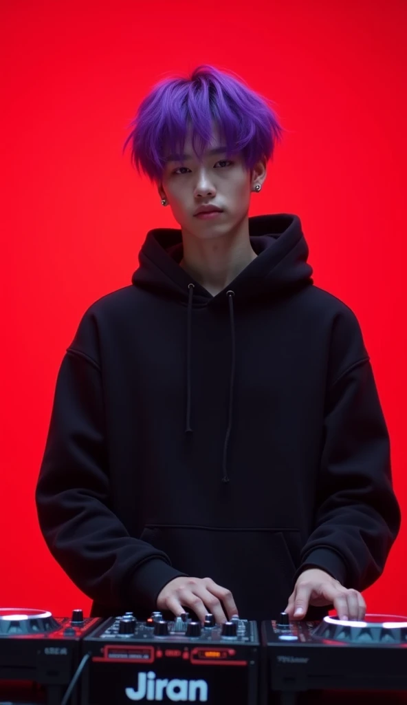 20 year old Japanese male ager with bright purple hair and wearing a black hoodie playing dj equipment ,HD,4k,realistic,afternoon,Full Body Angle, Red background, face looking at the camera with a flat expression and a cold gaze and head pose slightly tilted upwards