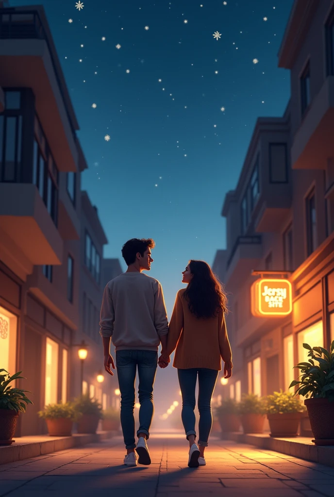 A couple Fahmida and Munim are enjoying a beautiful romantic time on the street under the open sky at night in a city. Jersy back site name sho