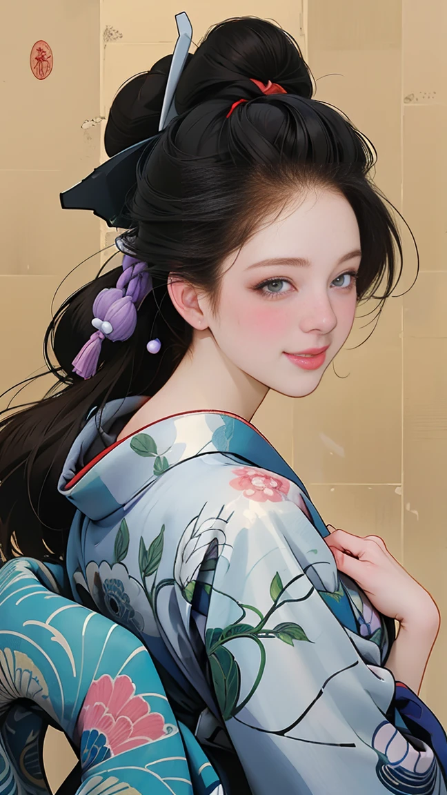 SeaArt creates stunning digital illustrations of beautiful women in kimono、A beautiful woman smiles and shows her upper white teeth、Vividly colored digital illustrations reminiscent of Ukiyo-e、Brown-black long hair、Beautiful full body style、If you want to dance, try the Tokyo Ondo~Yoiyoi、Yukata looks good too、Beautiful and innovative digital anime paintings,、 Beautiful digital animated portrait、Detailed digital anime art in the background、Shrines and temples in Kyoto、