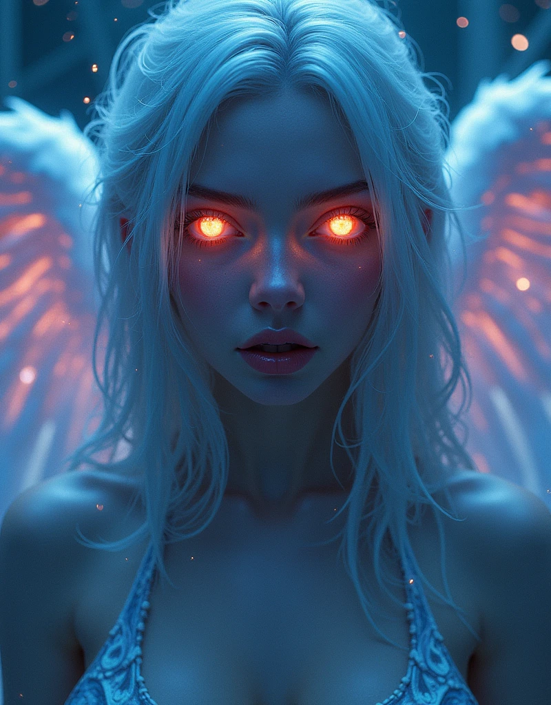 Cosmic Fallen Angel, glowing  eyes, Delicate and beautiful face，Bigchest，Biomechanical, eerie, Dream-like, Very bright colors, Light particles, with light glowing, Mshiv, wallpaper art, UHD wallpaper,sky hair color