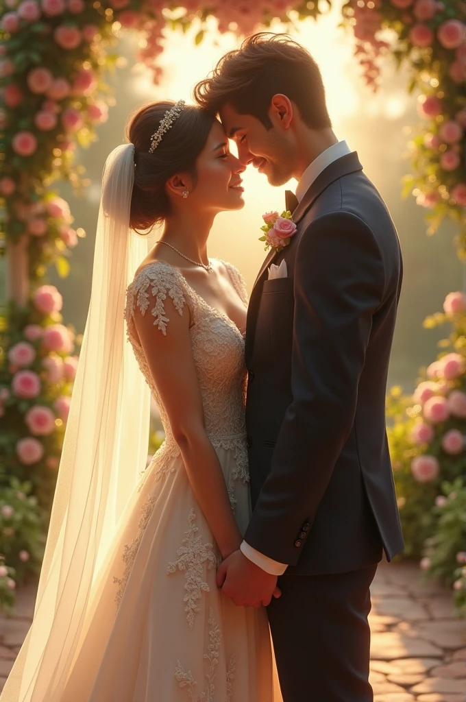 Bride holding hands of groom