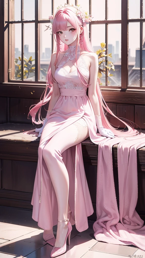First place girl,Long flowing pink hair,head ornaments,Mid-chest,Pink lace dress,Chest gem,Steel armor gloves,steel high heels,.best quality,masterpiece,Ultra-high resolution（2：0）,shuriken,The steel sword is long and sharp,The sword has magic runes attached to it,