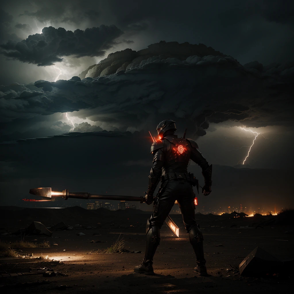 An armored rider on a Nightmare wields a large sledgehammer decorated with glowing runes , burning city in background during thunderstorm 