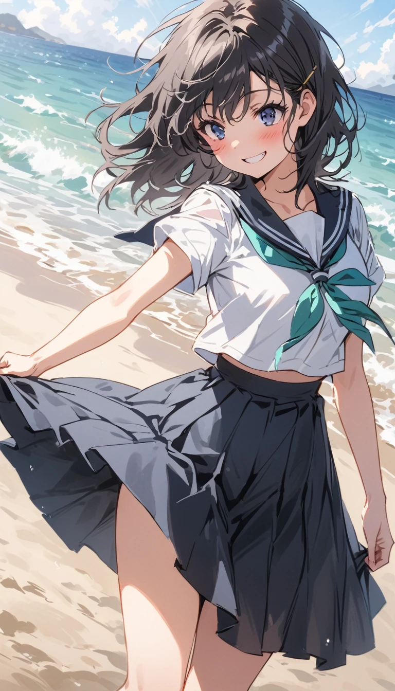 high school girl　beauty　Black Hair　smile　Embarrassing　blush　Black Sailor Suit　I flipped up my skirt　Pure white underwear　tits　Be excited　Roll up your skirt　Sandy Beach　Strong winds　Photograph the whole body