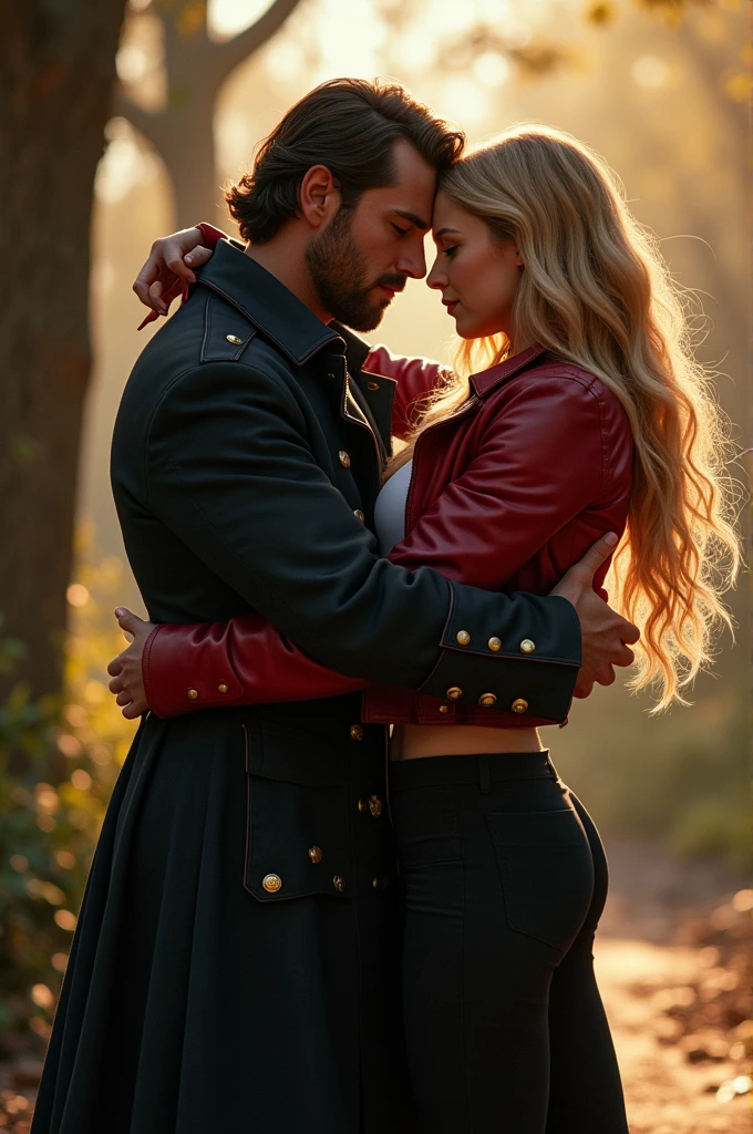 Colin O'Donoghue as Killian Jones and Jennifer Morrisson as Emma Swan hug intense. She wears black trousers, a white tshirt and a red leather jacket and he wears his typical pirate coat. He is facing the camera. The sun shines and there is a small breeze in the air. Draw it hyperrealistic with a slight touch of magic.