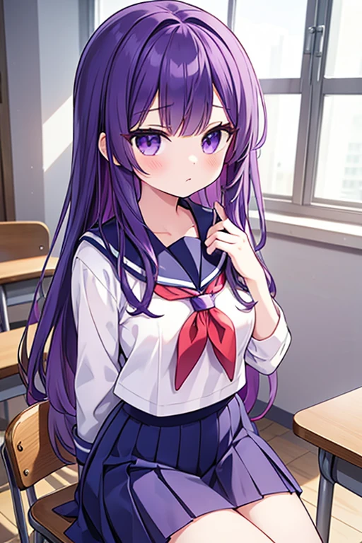 A young woman, 1, with long purple hair, wearing a sailor uniform, sitting in a classroom (School 1.5 in the background) (Serious expression, Cold 1.5) (Highest quality: 1.1) (masterpiece: 1.3) with an unparalleled masterpiece, Surreal 8K, Perfect artwork, Super Detail, Highest quality, masterpiece 4K wallpaper aesthetics, masterpiece, Award-winning works, Official Art, Cinema Lighting