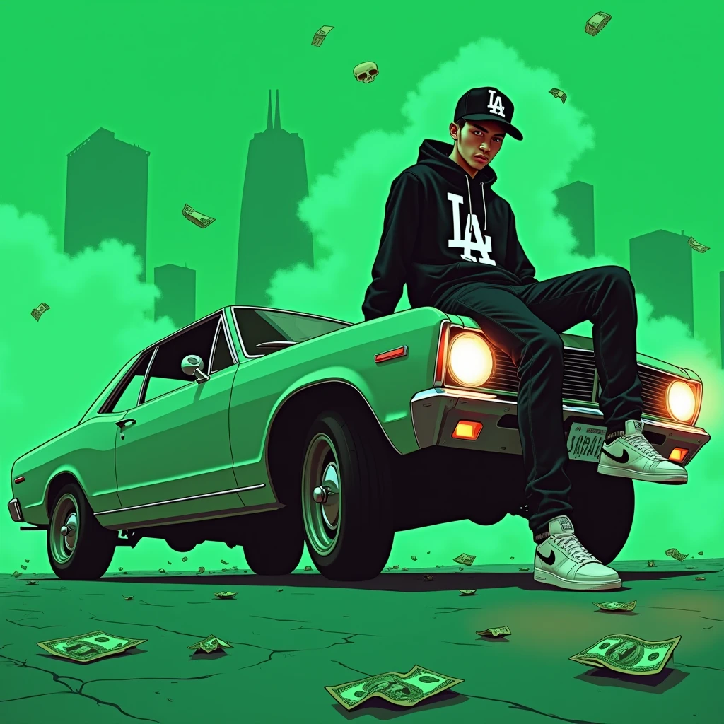 Image of a man sitting on the bonnet of a car, Yoshihiko Wada's album cover, winner of the behance contest, Doodle, official artwork, rap album cover, hip - hop album art cover, colored album art, hip hop music album cover, rap album cover art, official fanart, GTA Cover, hip hop album cover, album art cover, Cartoon character, oriental boy, Running car, Green background, green tea, Deep pressed black LA ball cap, white nike shoes, Black LA Hoodie, Baggy jeans worn down, black neighborhood, Skull, drug, The city seen from behind, korean, white smoke, Headlight light, Troublemakers, Bad boy, Flying money, Animal Gangster Friends
