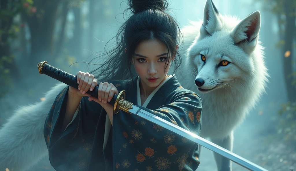The enigmatic samurai woman (Musashi Miyamoto) wielding a long Japanese sword, Splitting with every powerful blow、Shrouded in mist that obscures vision, revealing a vivid and supernatural scene, The clarity of the sword's cut against the hazy background, mysterious background, The white fox's piercing gaze met that of the observer., A layer of ethereal mist enveloping the foreground, piercing, clean eyes, An exquisite and detailed kimono, dramatic lighting and colors