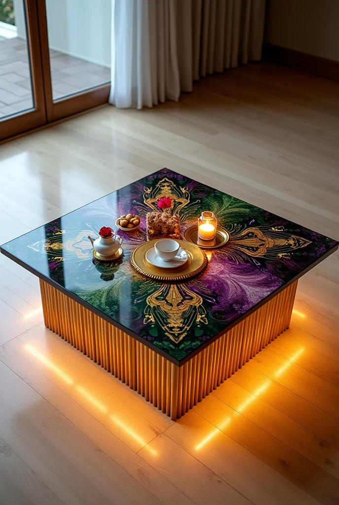 Small square table, perfect for serving coffee, handcrafted with a two-way mirror glass top that creates a stunning visual effect that looks like the inside of a table as a decoration accessory. The table is completely covered with a layer of Decostucco material in shades of violet, purple and warm green, interspersed with shiny gold stripes that intertwine like veins and lines in a wonderfully artistic way, giving a sense of luxury and distinction.. The sides are completely covered with Decostucco material without any visible gaps..
The table is supported by four unique legs, inspired by the design of intricate golden columns.. These legs are made of finely crafted gold tubes, resembling gold waterfalls as they cascade harmoniously around the corners.. Each leg of the table features several gold tubes stacked neatly next to each other, creating a visual effect that suggests luxury and stability.. These legs are designed to not only support the table but also be an essential part of the art they reflect..
The table has warm gold LED lighting underneath, reflecting onto the floor and adding a warm and cozy atmosphere..

The table is decorated with simple decorations such as golden swags, small flowers, a cake, nuts, a red rose, and a tea cup.. The table is placed on a light-coloured wooden floor to enhance the contrast between the luxurious design and modern colours, making it a distinctive piece of art in any room or living room..

 